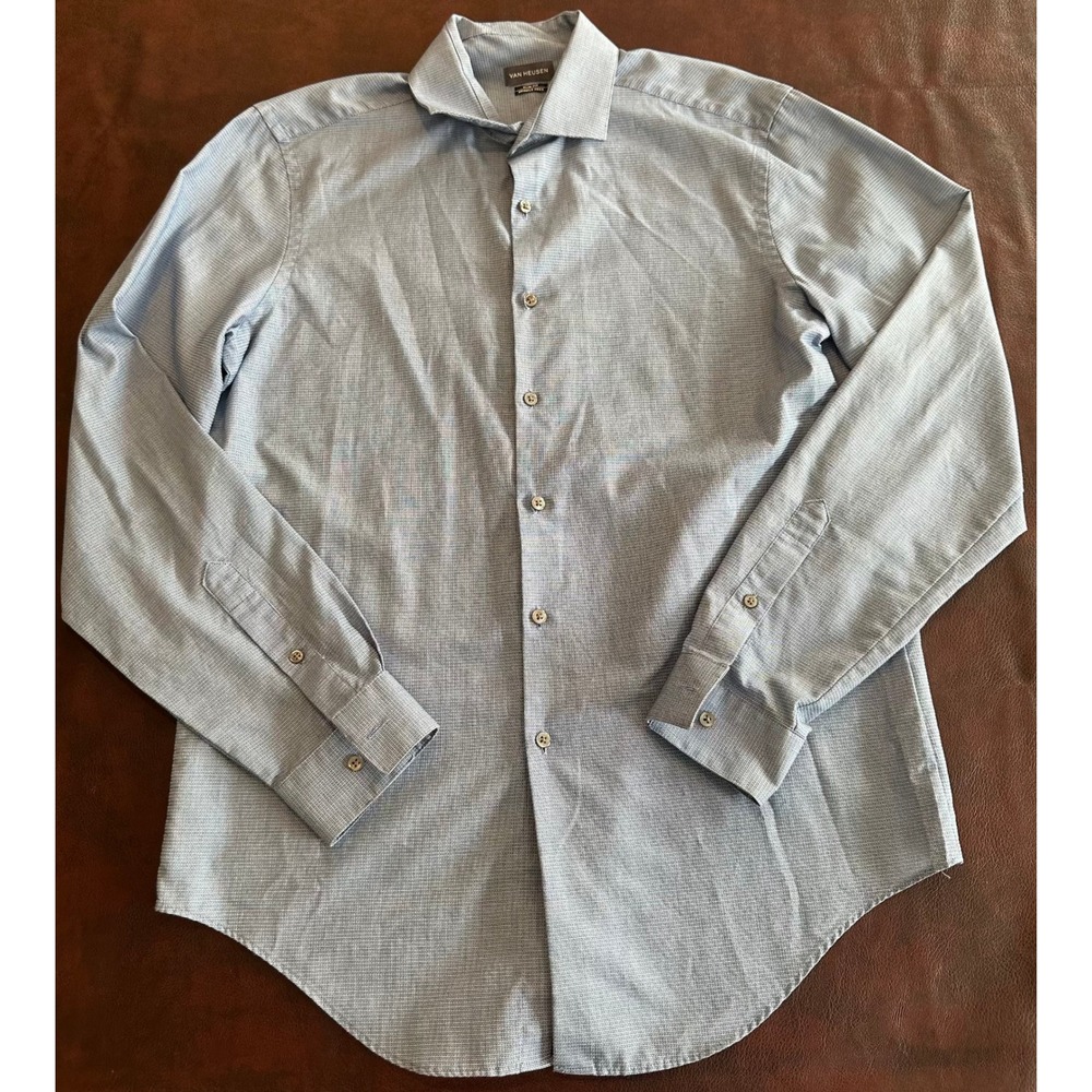 Van Heusen Slim Fit Dress Shirt Mens 16 34/35 Blue Wrinkle Free Long Sleeve L